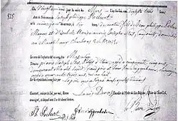 Birth act #825 of Joseph Philippe Poelart (21st march 1817) laid under the authority of baron Louis Devos, Civil Record Officer of Brussels