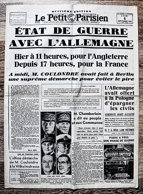 Fichier:Frontpage French newspaper "Le Petit Parisien" September 4 1939.jpg