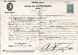 Marriage certificate of Alois Schubiger and Bertha Weibel. Canton of Lucerne, 1908
